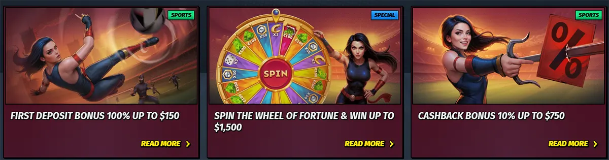 Promotional casino cards featuring a first deposit bonus up to $150, a wheel of fortune prize offer up to $1,500, and a cashback bonus of 10% up to $750, with action-themed artwork and “Read More” links.