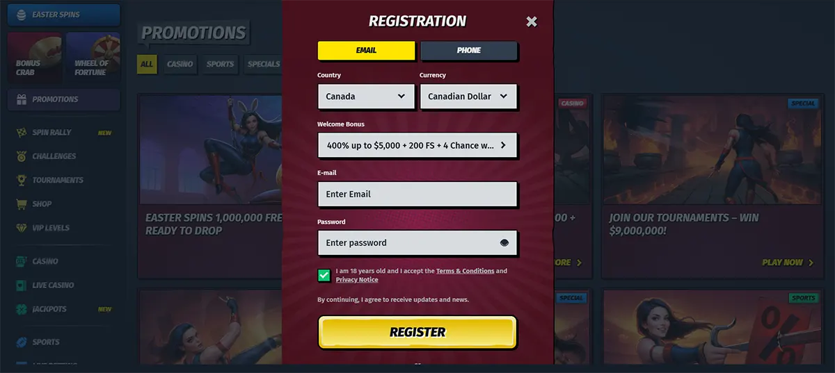 Casino registration popup with email and phone tabs, country and currency dropdowns, welcome bonus selector, email and password fields, consent checkbox, and a yellow register button over a dark promotions page.
